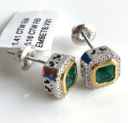 Natural 1.41ctw Emeralds with 0.16ctw RB Diamonds set in 18k yellow and white gold stud earrings