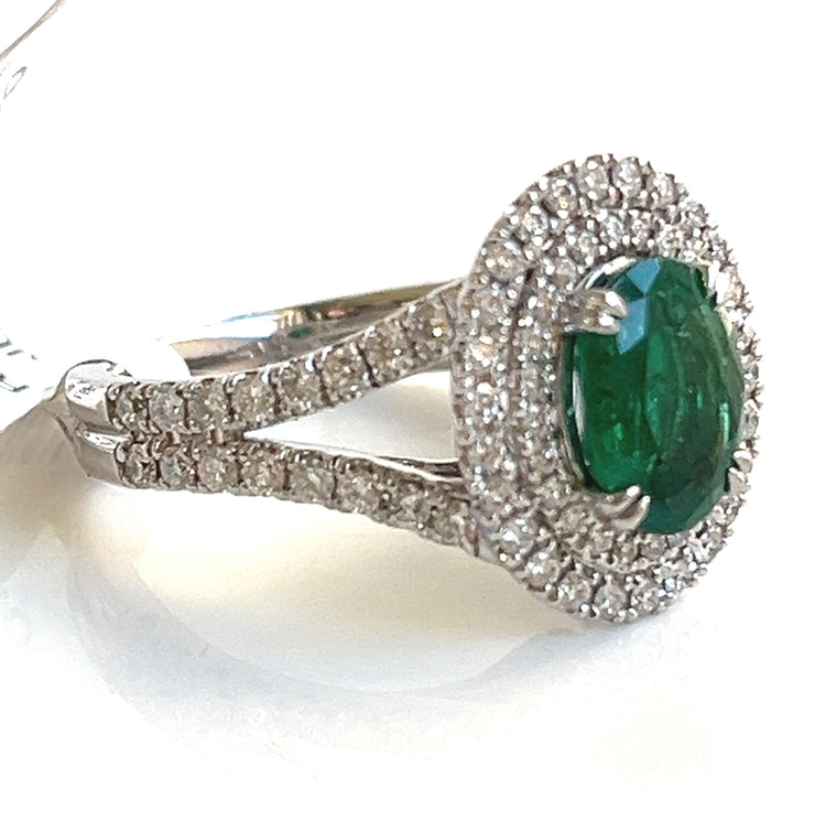 Emerald with double halo diamond ring