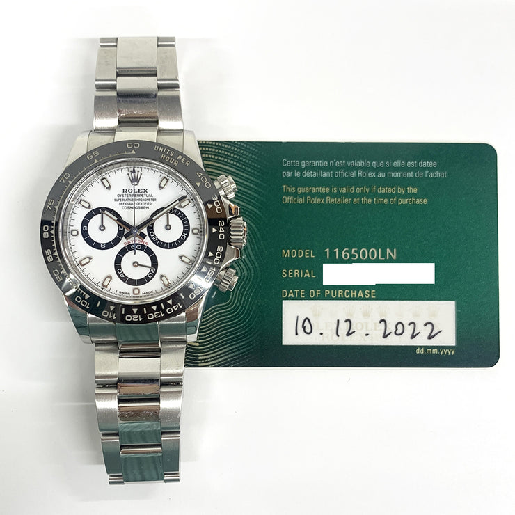 PRE-OWNED ROLEX DAYTONA watch 116500LN STAINLESS STEEL White DIAL AND Black BEZEL 40mm with original box and papers