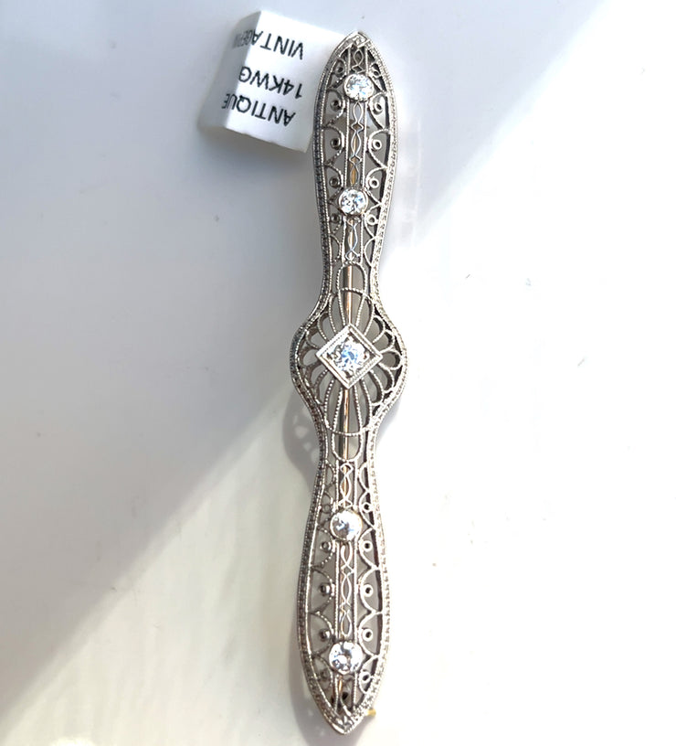 14K White Gold Antique Natural Diamond Brooch