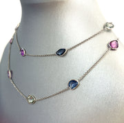 Multi Color No-Heat Sapphire 15.20ctw Long 18k White Gold Necklace 24.5 inches