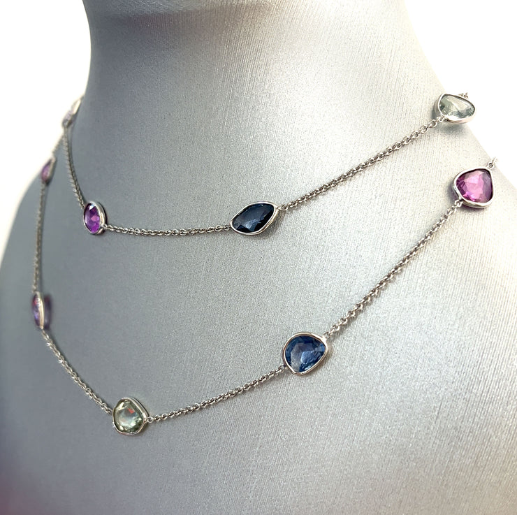 Multi Color No-Heat Sapphire 18K White Gold Necklace