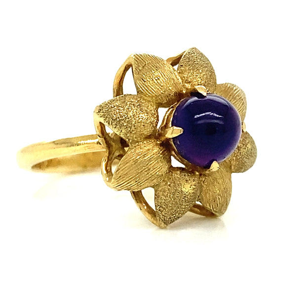 Retro Flower Ring Deep Purple Amethyst Cabochon Center Stone in 18K Yellow Gold