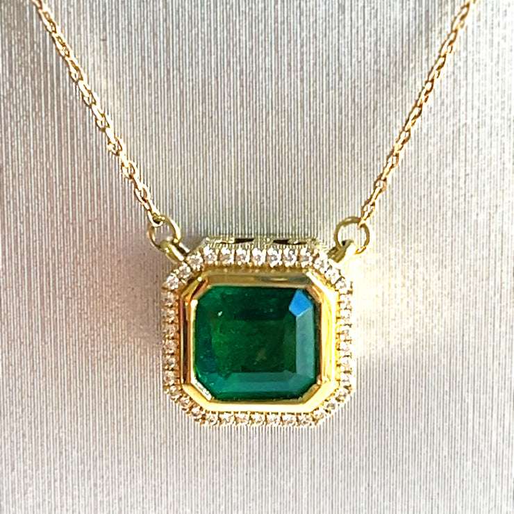 Natural 1.80ct green emerald & 0.07ctw diamonds 18k yellow gold necklace 18in"