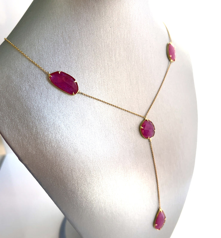 Natural No-heated 4.75 ctw rubies set in 18k yellow gold Y drop necklace