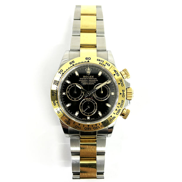 Pre-Owned Rolex Cosmograph Daytona 116503 Black Dial yellow gold bezel with original box and papers