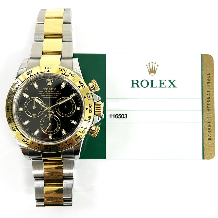 Pre-Owned Rolex Cosmograph Daytona 116503 Black Dial yellow gold bezel with original box and papers