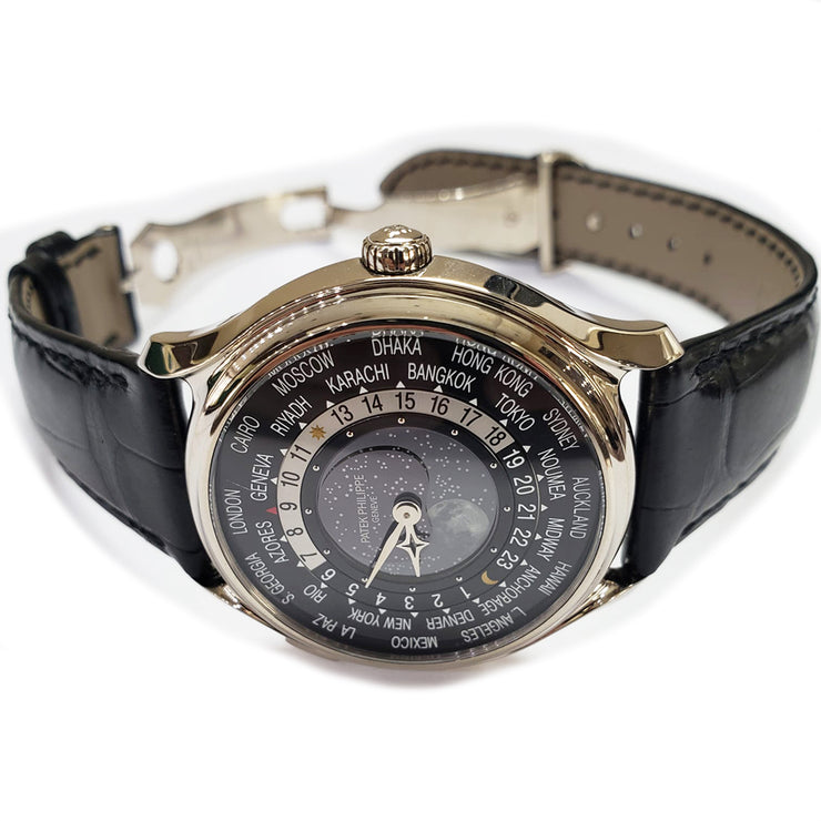 Pre-owned Patek Philippe Anniversary World Time Moon watch 5575G-001 black dial black Crocodile strap with original box & papers