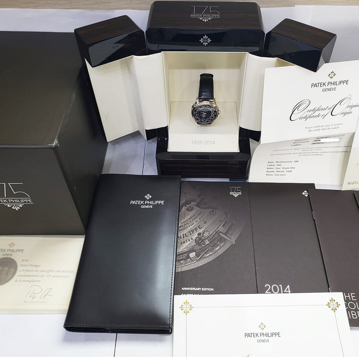 Pre-owned Patek Philippe Anniversary World Time Moon watch 5575G-001 black dial black Crocodile strap with original box & papers