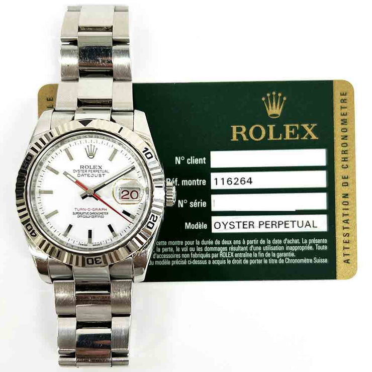 Pre-owned Rolex Datejust Turn-O-Graph 36mm watch White Dial Stainless Steel Watch 116264 Box Papers