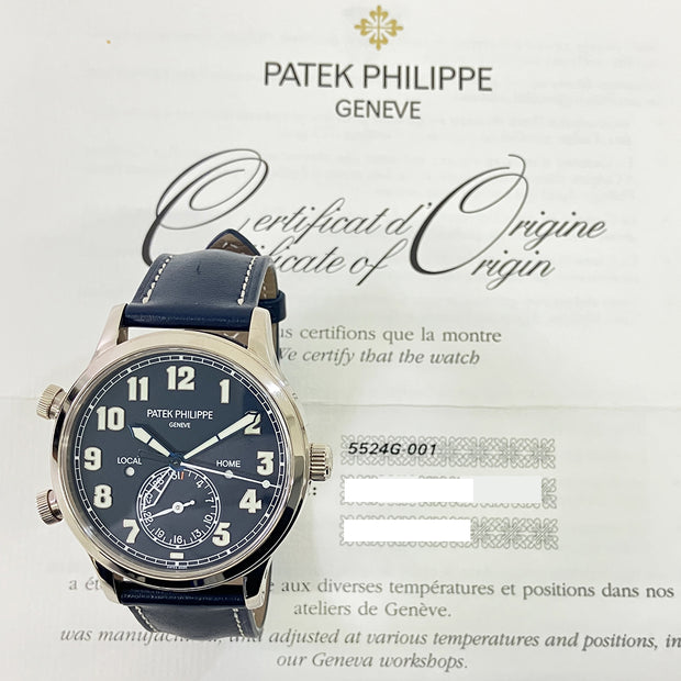 Pre-owned Patek Philippe Calatrava Pilot Travel Time 5524G-001 blue dial with original box & papers