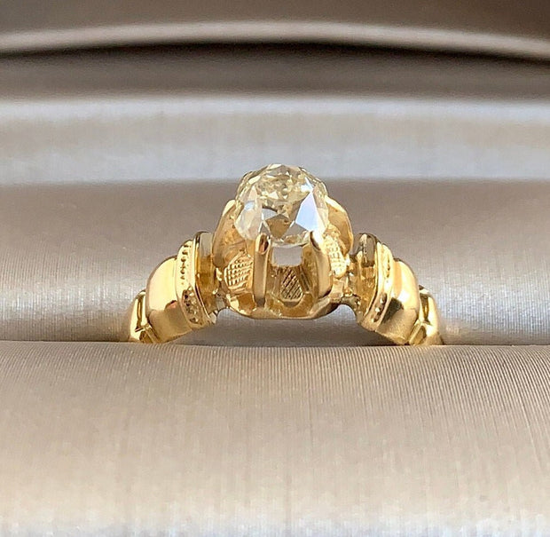 Victorian Antique old mine-cut cushion diamond 1.0 ct 14k yellow gold ring 6.0