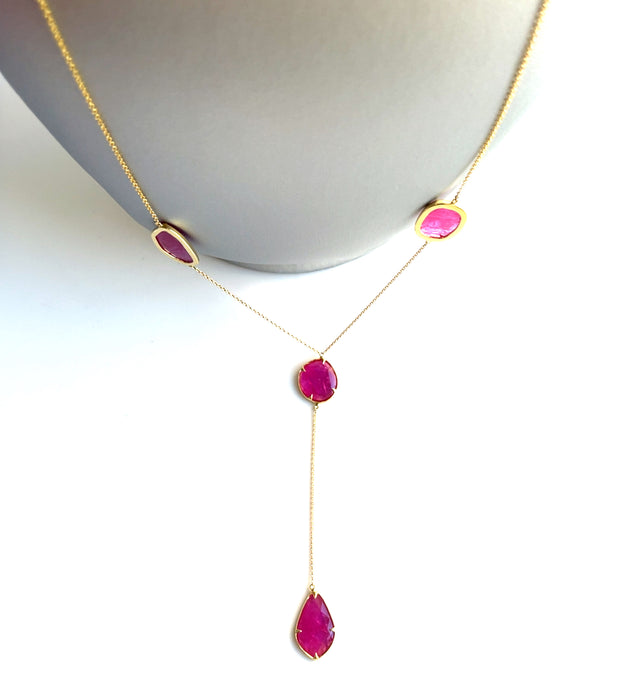 Natural No-heated 4.75 ctw rubies set in 18k yellow gold Y drop necklace