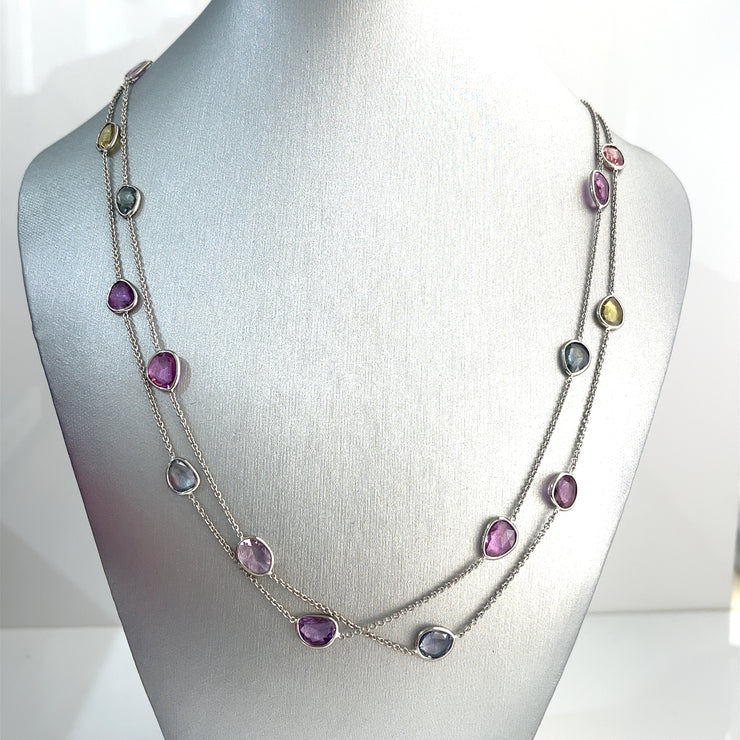 Multi Color No-Heat Sapphire 29.42ctw Long 18k White Gold Necklace 36.5 inches