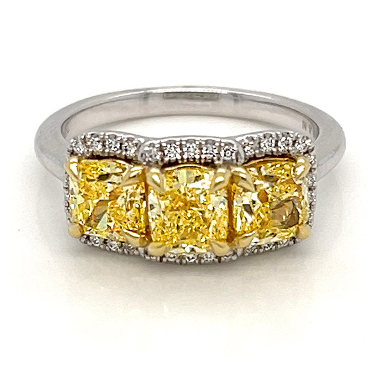 Fancy Yellow Three Stone Halo Ring