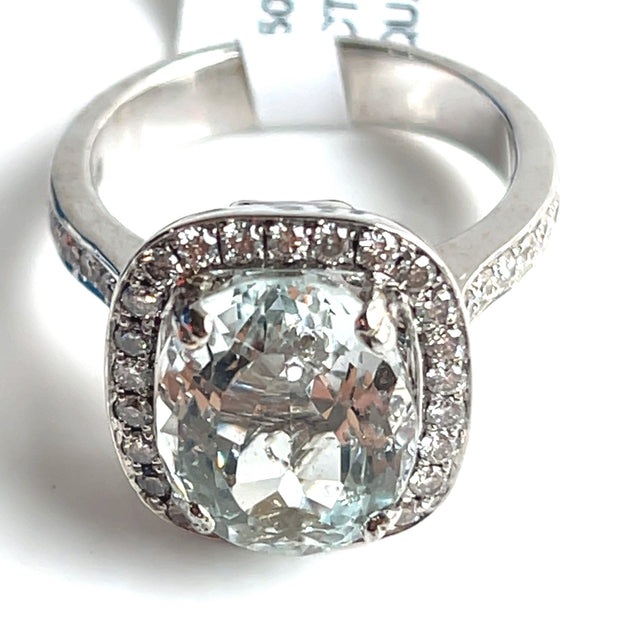 Natural 5.50ct Aquamarine & Natural 1.0ctw Diamonds 14k white gold ring size 7.5