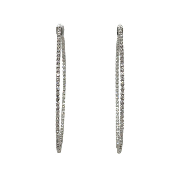 Big round brilliant diamond hoop earrings with a total carat weight of 3.82 CTW, designed for versatility from formal gatherings to everyday wear.