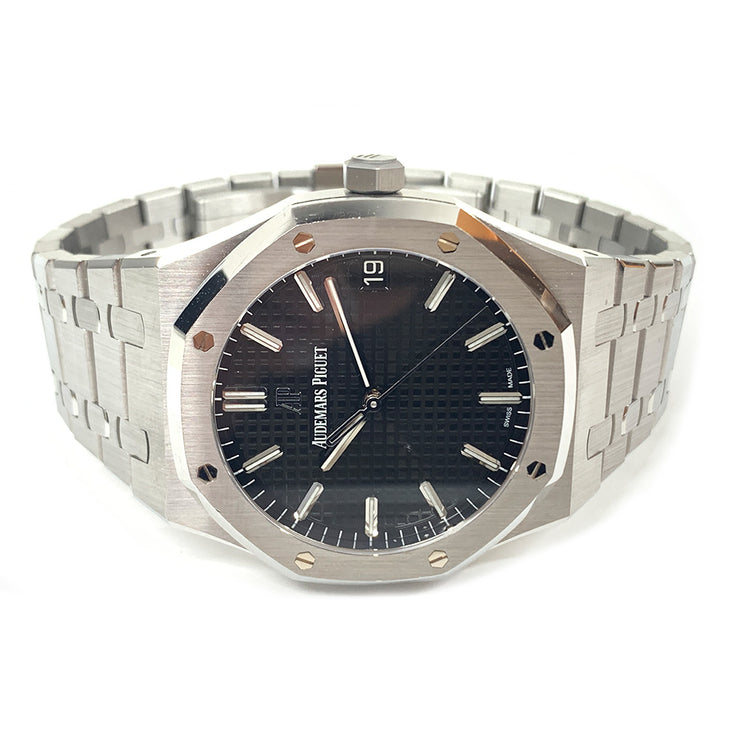 PRE-OWNED AUDEMARS PIGUET ROYAL OAK 41MM BLACK DIAL 15500ST.OO.1220ST.03 STEEL BRACELET ORIGINAL BOX&CARD