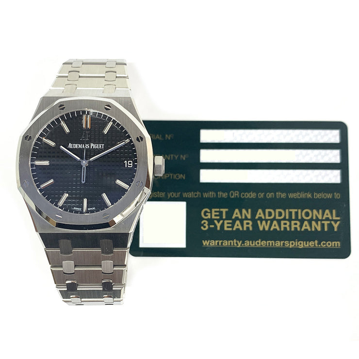 PRE-OWNED AUDEMARS PIGUET ROYAL OAK 41MM BLACK DIAL 15500ST.OO.1220ST.03 STEEL BRACELET ORIGINAL BOX&CARD