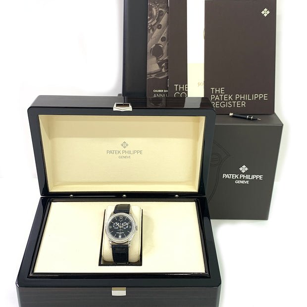 PRE-OWNED PATEK PHILIPPE COMPLICATIONS 5147G-001 DIAMOND BEZEL ANNUAL CALENDAR WATCH WITH ORIGINAL BOX