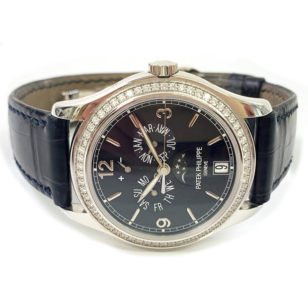 PRE-OWNED PATEK PHILIPPE COMPLICATIONS 5147G-001 DIAMOND BEZEL ANNUAL CALENDAR WATCH WITH ORIGINAL BOX