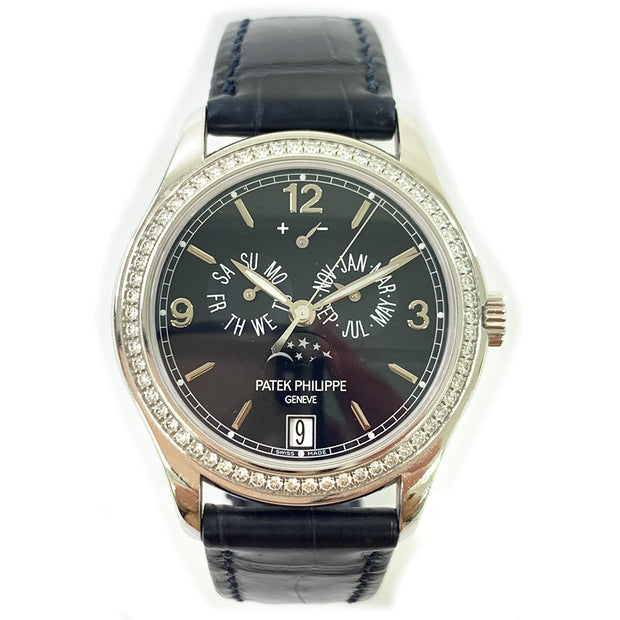 PRE-OWNED PATEK PHILIPPE COMPLICATIONS 5147G-001 DIAMOND BEZEL ANNUAL CALENDAR WATCH WITH ORIGINAL BOX