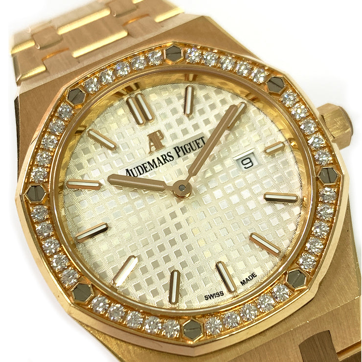 Pre-owned Audemars Piguet Royal Oak Lady  33mm Diamond Bezel Rose Gold Silver / White Dial 67651OR.ZZ.1261OR.01 with original box & papers