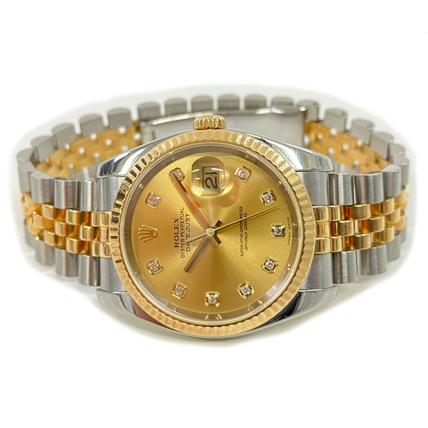 Pre-Owned Rolex watch 116233 Date-Just 36mm Champagne Dial Jubilee – Two Tone Fluted Bezel with original box and papers