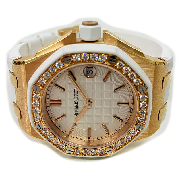 Pre-owned Audemars Piguet Royal Oak Offshore  Rose Gold Factory Gem Set Bezel White/Silver Dial Watch 67540OK.ZZ.A010CA.01 with Original box & papers