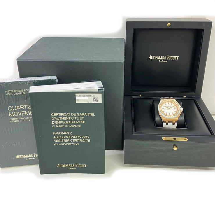 Pre-owned Audemars Piguet Royal Oak Offshore  Rose Gold Factory Gem Set Bezel White/Silver Dial Watch 67540OK.ZZ.A010CA.01 with Original box & papers