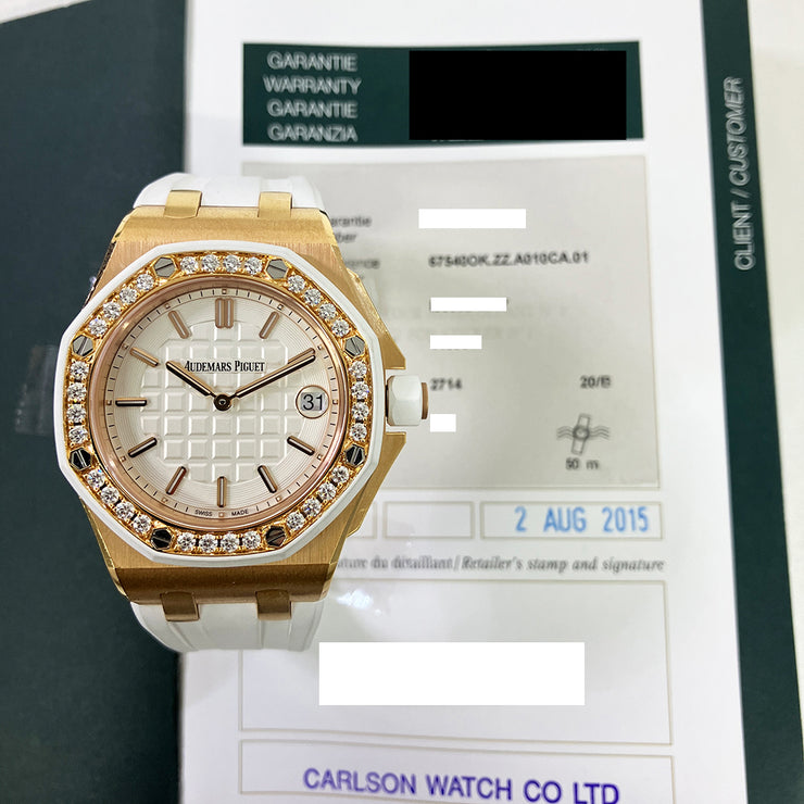 Pre-owned Audemars Piguet Royal Oak Offshore  Rose Gold Factory Gem Set Bezel White/Silver Dial Watch 67540OK.ZZ.A010CA.01 with Original box & papers