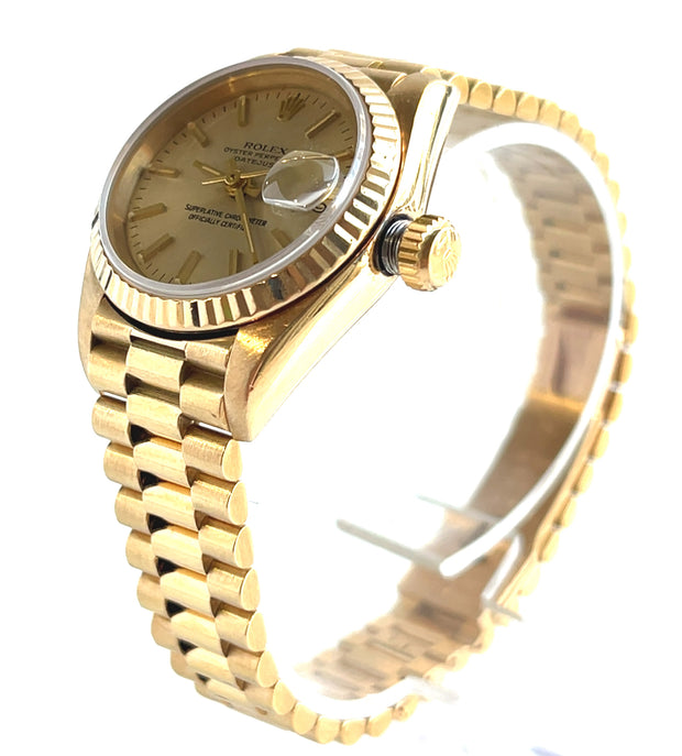 Pre-owned Rolex Datejust President Yellow Gold Oyster Champagne Dial Ladies Watch 69178