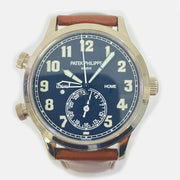 PRE-OWNED PATEK PHILIPPE CALATRAVA PILOT TRAVEL TIME 5524G-001 BLUE DIAL Brown Leather WITH ORIGINAL BOX & PAPERS