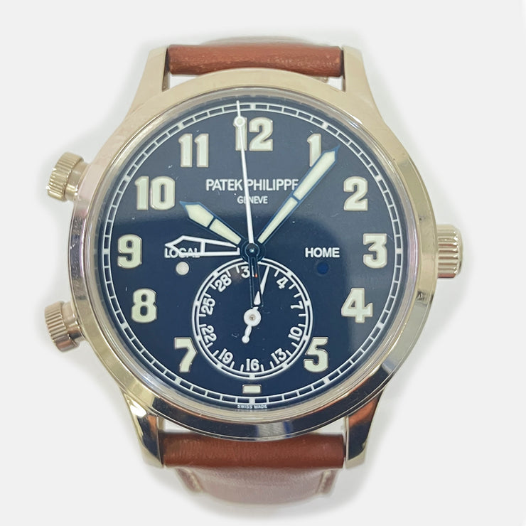 PRE-OWNED PATEK PHILIPPE CALATRAVA PILOT TRAVEL TIME 5524G-001 BLUE DIAL Brown Leather WITH ORIGINAL BOX & PAPERS