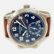 PRE-OWNED PATEK PHILIPPE CALATRAVA PILOT TRAVEL TIME 5524G-001 BLUE DIAL Brown Leather WITH ORIGINAL BOX & PAPERS