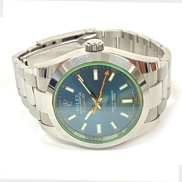 Pre-owned Rolex Milgauss Blue Dial 116400GV Stainless Steel 40mm Watch Box and papers