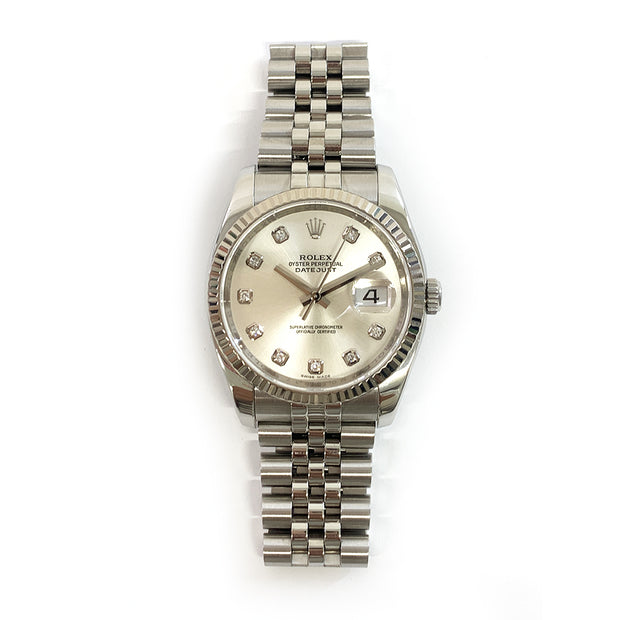 Pre-owned Rolex Datejust 116234 Silver Diamond Dial 36mm Fluted Bezel Jubilee Band with original box and papers