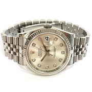 Pre-owned Rolex Datejust 116234 Silver Diamond Dial 36mm Fluted Bezel Jubilee Band with original box and papers