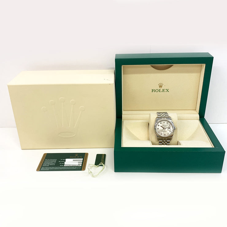 Pre-owned Rolex Datejust 116234 Silver Diamond Dial 36mm Fluted Bezel Jubilee Band with original box and papers