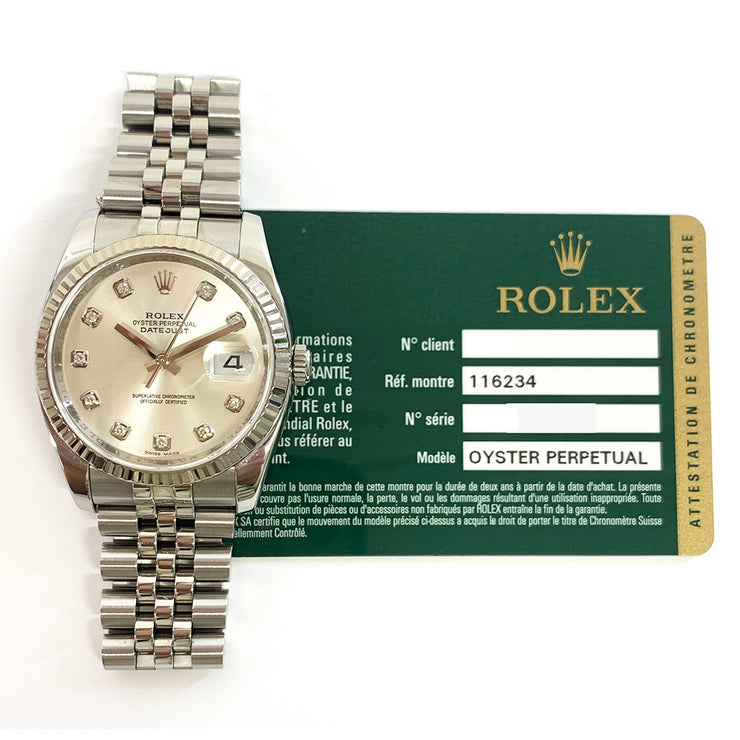 Pre-owned Rolex Datejust 116234 Silver Diamond Dial 36mm Fluted Bezel Jubilee Band with original box and papers