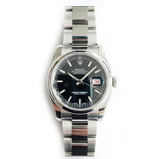 Pre-owned Rolex Watch 116200 Datejust 36, Black Dial, Stainless Steel with original box and papers