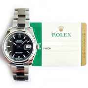 Pre-owned Rolex Watch 116200 Datejust 36, Black Dial, Stainless Steel with original box and papers