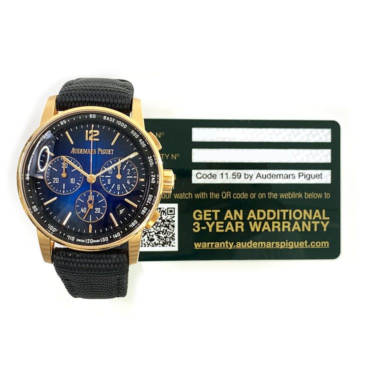 Pre-owned Audemars Piguet 26393OR.OO.A002KB.03 BLUE dial TEXTILE Strap with original box & papers