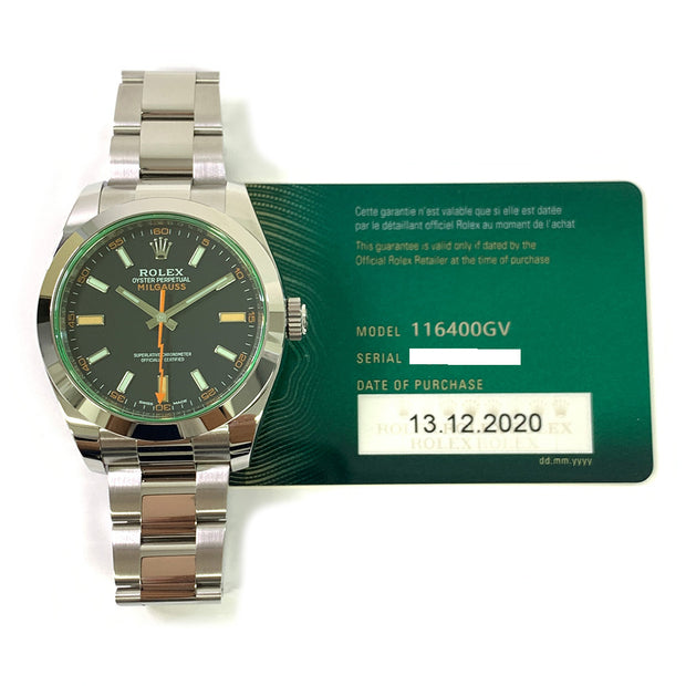 PRE-OWNED ROLEX Milgauss 116400GV Black dial stainless steel with original box and papers