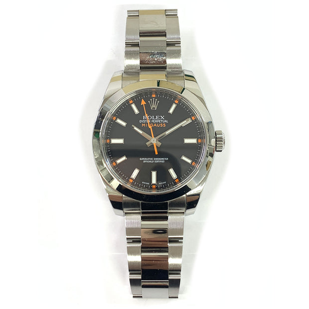 Pre-owned Rolex Milgauss 116400 stainless steel oyster perpetual black dial with original box and papers