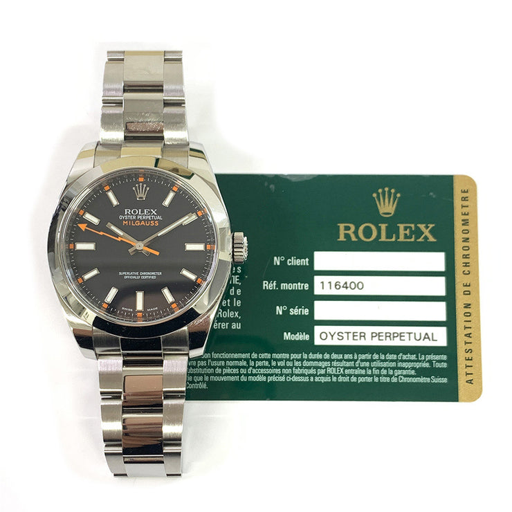 Pre-owned Rolex Milgauss 116400 stainless steel oyster perpetual black dial with original box and papers