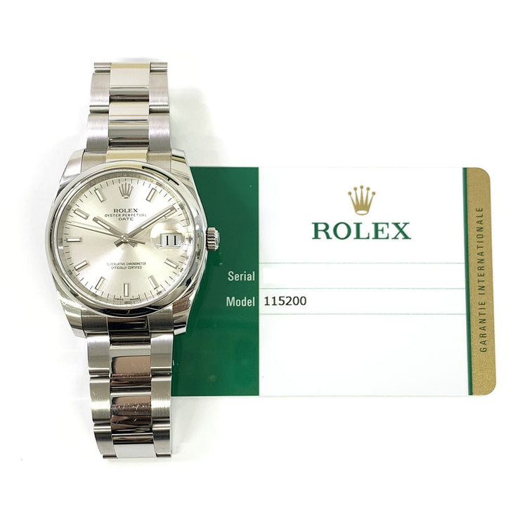 Pre-Owned Rolex Oyster Perpetual Date 115200 Stainless Steel silver dial with original box and paper