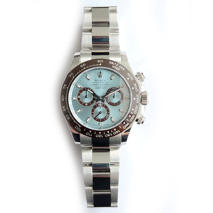 Pre-owned Rolex Daytona Ice Blue Dial Platinum Cosmograph Watch 116506 with original box and papers