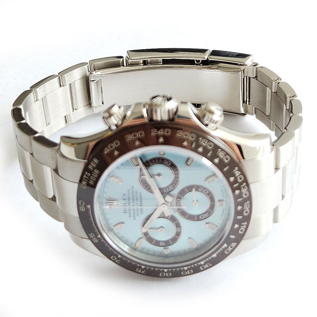 Pre-owned Rolex Daytona Ice Blue Dial Platinum Cosmograph Watch 116506 with original box and papers