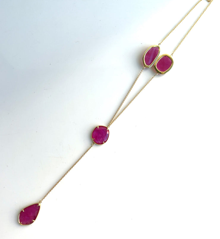 Natural No-heated 4.75 ctw rubies set in 18k yellow gold Y drop necklace